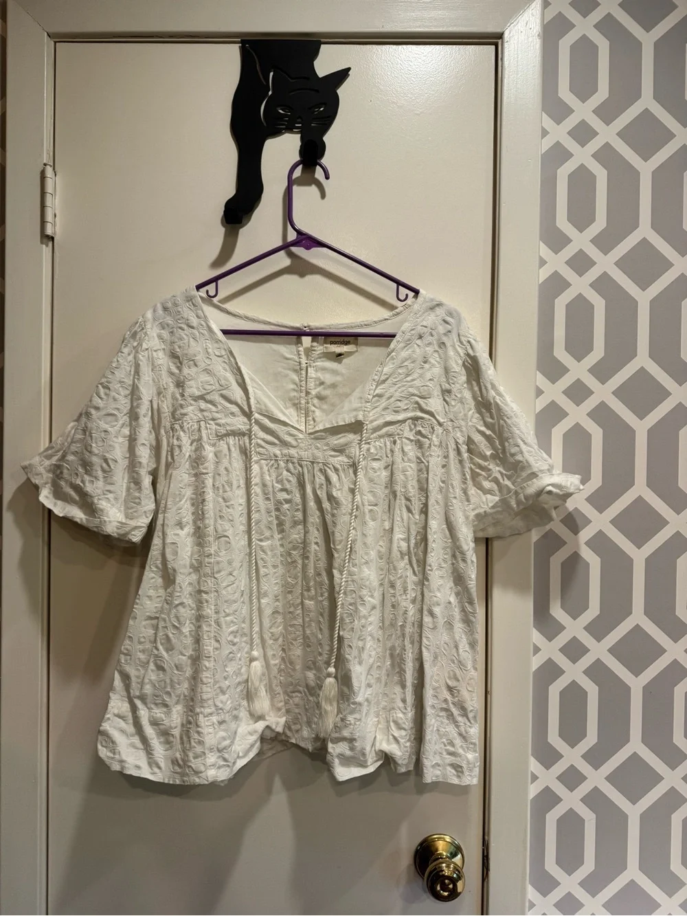 Anthropologie XL Women's Cream Textured Tie-Front Peasant Top